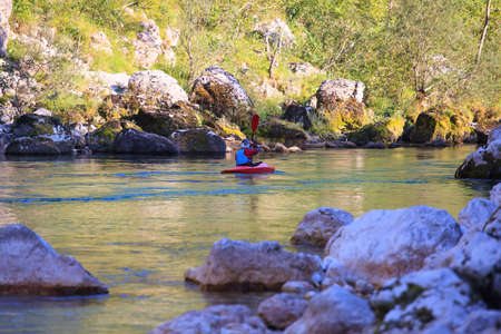 Kayaking in the summer on the Soca river, Sloveniaの写真素材