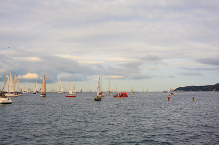 TRIESTE, ITALY - 14 OCTOBER 2012: In the minutes before the start of Barcolana regatta in Trieste sea,  northern part of the Adriatic Sea. About 2000 boats and thousands of sailors from all over the world took part in the race. のeditorial素材