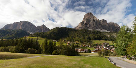 View of massiccio Sassongher in Val Badia from Corvara. Dolomitesの写真素材