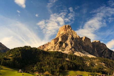 View of massiccio Sassongher in Val Badia from Corvara. Dolomitesの写真素材