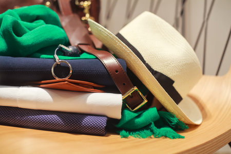 View of hat, sweater and other man clothes