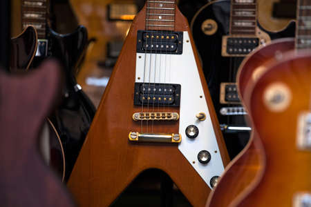 View of many guitars in the shopの写真素材