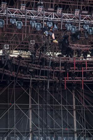 View of stage riggers working at heightのeditorial素材