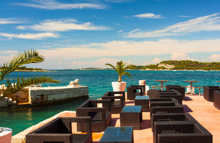 View of outdoor restaurant in Rovinj, Croatiaのeditorial素材