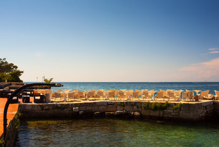 View of outdoor restaurant in Rovinj, Croatiaのeditorial素材
