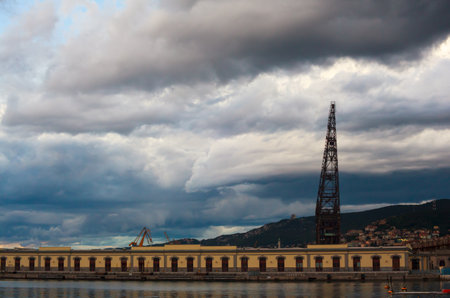 View of Trieste harbor at sunset, Italyのeditorial素材