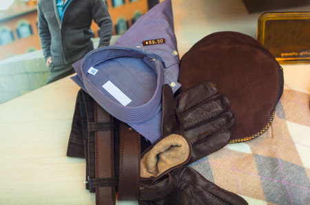 Shirt, slacks and leather gloves for manのeditorial素材