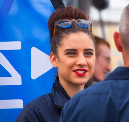 TRIESTE, ITALY - OCTOBER, 10: Beauty italian girl with glasses on head on October 10, 2014のeditorial素材