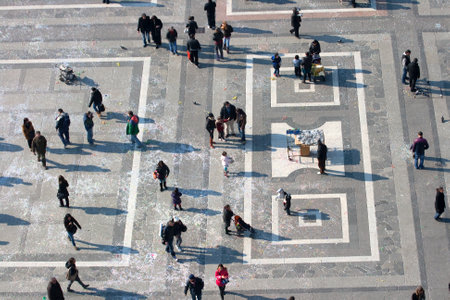 MILAN, ITALY - FEBRUARY, 13: Top view of people in the Piazza Duomo from Milan cathedral on February 13, 2010のeditorial素材