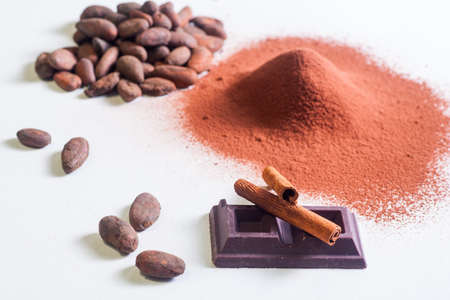 Close up of chocolate bars, cocoa and cinnamonの写真素材