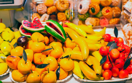 Close up of marzipan or marzipan fruitsの写真素材