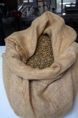View of coffee beans inside the jute bagの写真素材