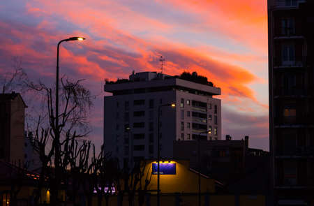 View of urban sunset in Milan, Italyの写真素材