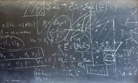 View of mathematical expressions drawed on chalkboardの写真素材