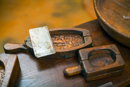 ARZO, ITALY - MAY, 15: View of ancient tools specific to make butter used by ancient cheese maker on May 15, 2015のeditorial素材