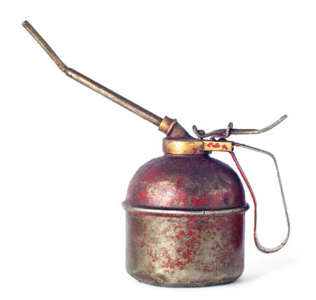 View of vintage oil can isolated over whiteの写真素材