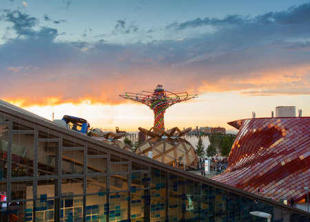 MILAN, ITALY - JUN, 23: Night view of the Tree life at Expo 2015, universal exposition on the theme Feeding the planet, Energy for life on Jun 23, 2015のeditorial素材