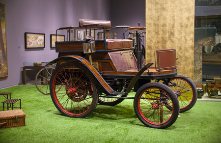 MILAN, ITALY - SEPTEMBER, 13: View of the ancient car called Hurtu 3hp made on 1898 courtsey Avv. Giovanni Agnelli, exposed in the Triennale pavilion of Expo during the Arts & Foods exibition curated by Germano Celant on September 13, 2015のeditorial素材