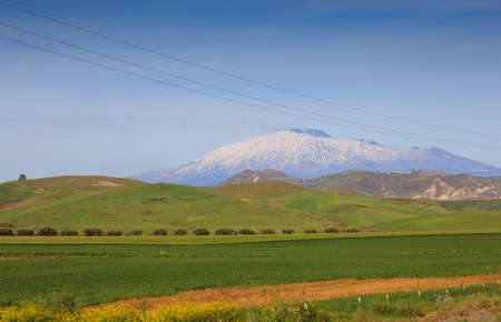 View of Etna volcano and Sicily fieldの写真素材
