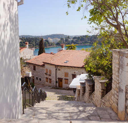 Alley of Rovinj, the sea in the backgroundの写真素材
