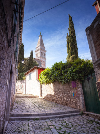 Alley of Rovinj, Saint Euphemia's basilica in the backgroundの写真素材