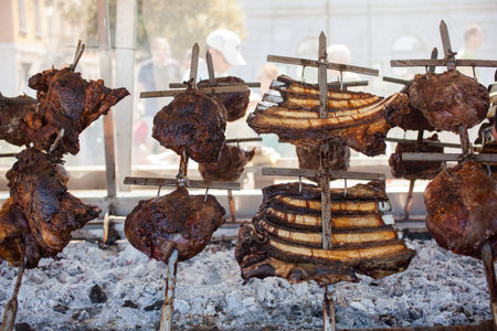 View of grilled pork ribs on the grill