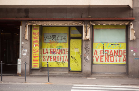 TRIESTE, ITALY - MAY, 01: View of closed shop in Trieste at sunset on May 01, 2016のeditorial素材