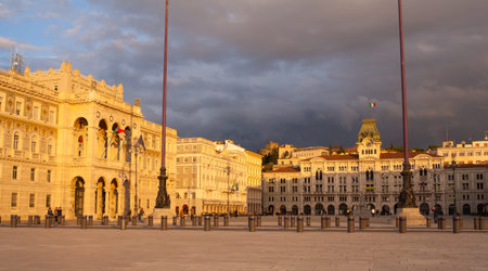 View of Trieste square at sunset, Italyのeditorial素材