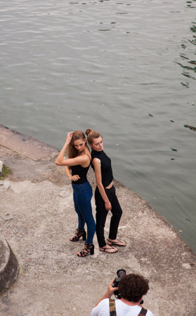 MILAN, ITALY - JUNE, 12: Models during a photoshooting on June 12, 2016のeditorial素材
