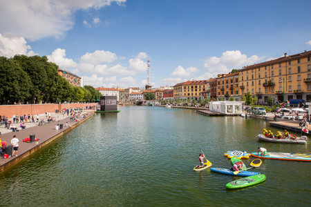MILAN, ITALY - JUNE, 05: Kayakers rowing in the Darsena, wet dock in Milan on June 05, 2016のeditorial素材
