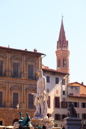 FLORENCE, ITALY - JULY, 12: View of the Fountain of Neptune, work of the sculptor Bartolomeo Ammannati situated on the Piazza della Signoria on July 12, 2016のeditorial素材