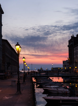 View of Ponte rosso in Trieste at sunset, Italyのeditorial素材