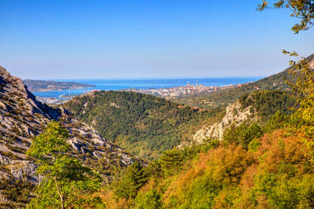 View of Val Rosandra and Trieste from Stena mountainの写真素材