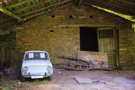 View of ancient white car parked in the rural cabinのeditorial素材