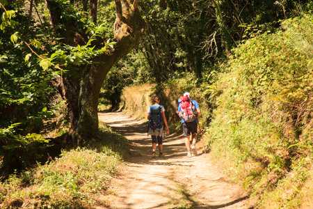 GALICIA, SPAIN - AUGUST, 10: Pilgrimns along the way of St. James on 10, 2016のeditorial素材