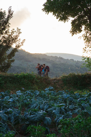 LA FABA, SPAIN - AUGUST, 09:  Pilgrimns next to the cultivated garden on August 09, 2016のeditorial素材