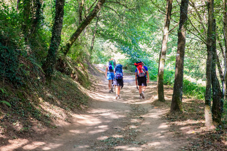 SAMOS, SPAIN - AUGUST, 11: Pilgrimns along the way of St. James on August 11, 2016のeditorial素材