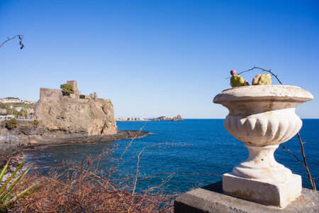 View of the norman castle of Acicastello, Italyの写真素材