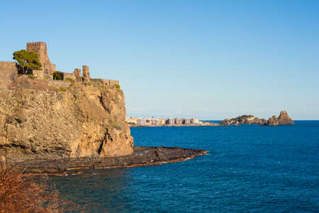 View of the norman castle of Acicastello, Italyの写真素材