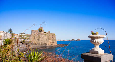 View of the norman castle of Acicastello, Italyの写真素材