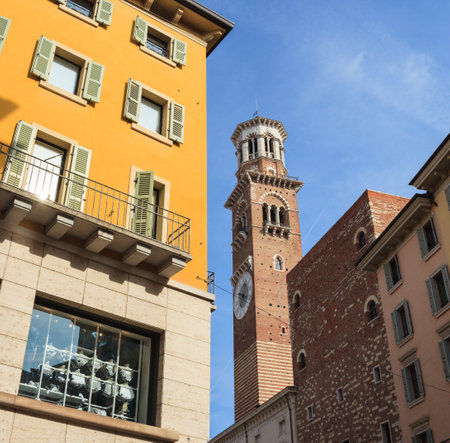 View of belltower called Torre dei Lamberti in Verona, Italyのeditorial素材