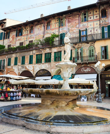 VERONA, ITALY - APRIL, 07: View of the Madonna fountain in Piazza delle Erbe, the Market's square in Verona on April 07, 2017のeditorial素材