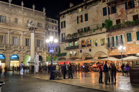 VERONA, ITALY - APRIL, 07: View of the Piazza delle Erbe, the Market's square in Verona on April 07, 2017のeditorial素材