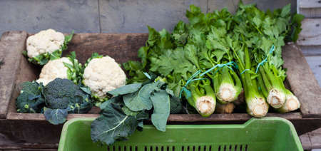 View of organic broccoli, celery and cauliflower on wooden caseの写真素材