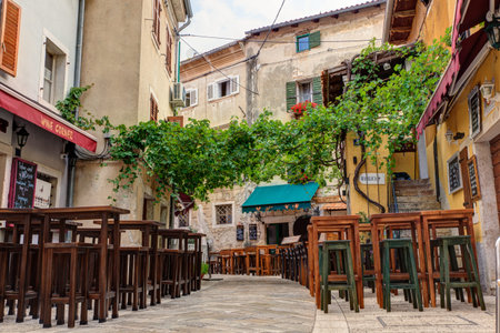 Restaurant table in Porec street, Istria. Croatiaのeditorial素材