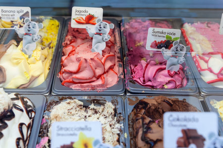 Close up of delicious icecreams in the ice-cream parlour
