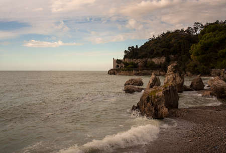 View of the Trieste sea, Miramare castle on backgroundの写真素材