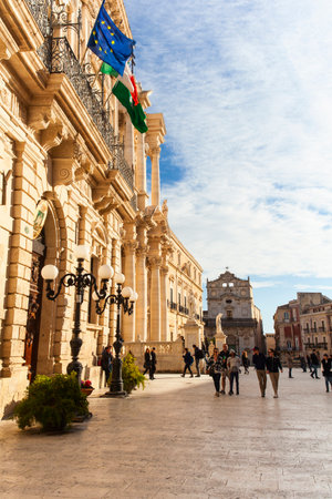 SIRACUSA, ITALY - DECEMBER, 31: The cathedral in Syracuse called Duomo di Santa Lucia was built by bishop Zosimo in the 7th century over the Temple of Athena (5th century BC) on December 31, 2017のeditorial素材