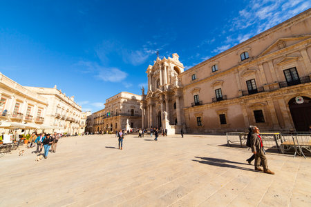 SIRACUSA, ITALY - DECEMBER, 31: The cathedral in Syracuse called Duomo di Santa Lucia was built by bishop Zosimo in the 7th century over the Temple of Athena (5th century BC) on December 31, 2017のeditorial素材