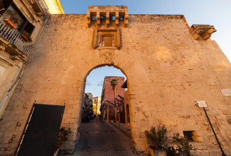 SIRACUSA, ITALY - DECEMBER, 31: View of the Porta Marina, ancient city door on December 31, 2017のeditorial素材